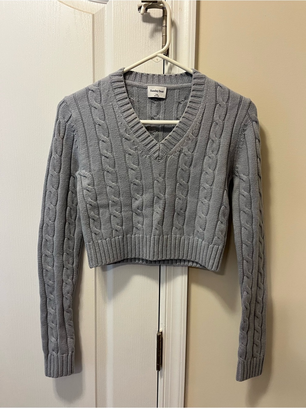 Sunday Best Light Gray Cable Knit V-Neck Cropped Sweater